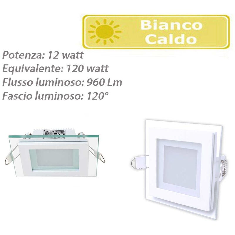 foto del prodotto pannello led slim incasso bordo in vetro quadrato 12 watt luce calda 3000k
