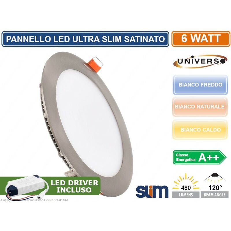 foto del prodotto pannello led smd rotondo 6w da incasso satinato ultra slim completo di driver 3000k 4000k 6500k colore luce bianco caldo