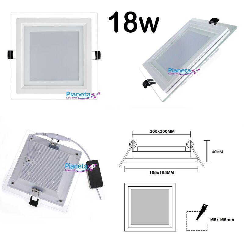 foto del prodotto pannello led vetro da incasso quadrato tondo 6 9 12 18w illuminazione driver incluso quadrato 18w luce fredda 6000k