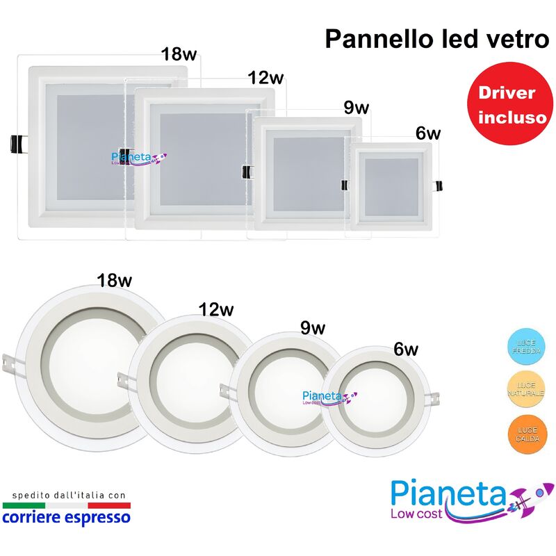 foto del prodotto pannello led vetro da incasso quadrato tondo 6 9 12 18w illuminazione driver incluso tondo 9w luce naturale 4000k