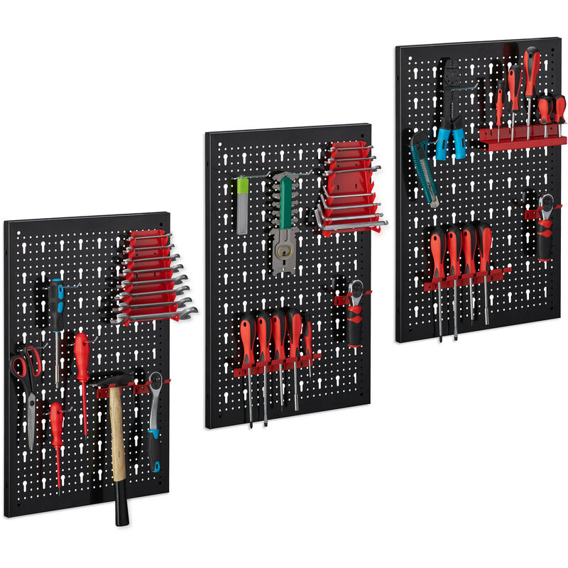 foto del prodotto pannello portautensili da lavoro, parete porta attrezzi in acciaio, hlp 60x118x2 cm, 3 organizer, nero rosso relaxdays
