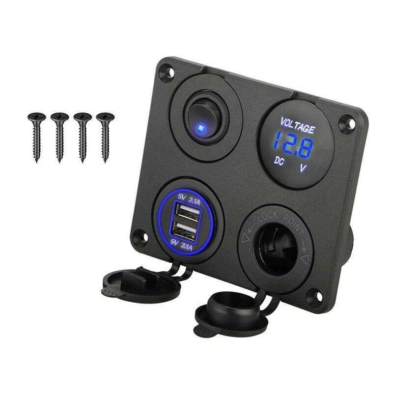foto del prodotto pannello prese di ricarica 4 in 1, presa di ricarica usb doppia da 12 v 4,2 a e voltmetro a led blu 10,5 x 8,7 cm sollbry
