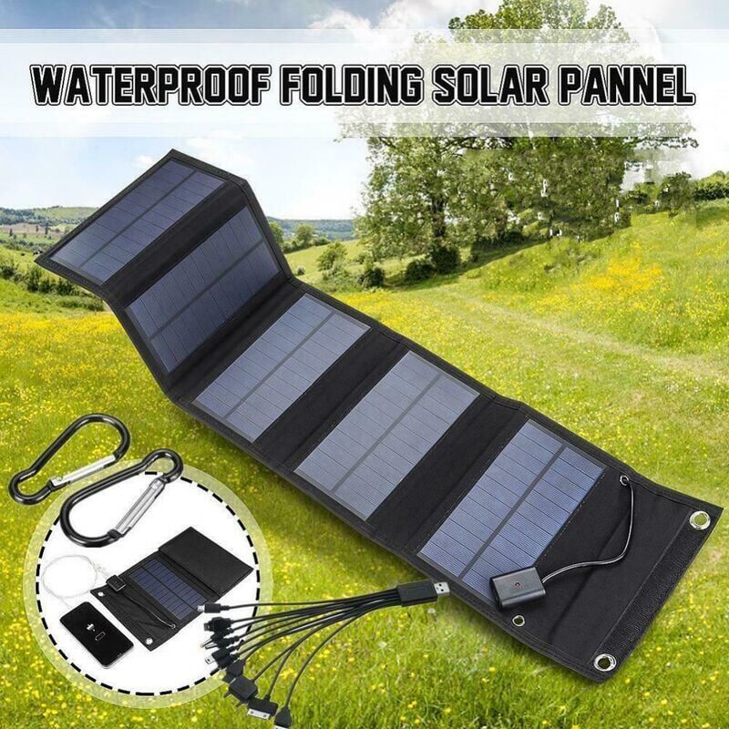 foto del prodotto pannello solare portatile da 30 w, caricabatterie solare impermeabile ipx4 con porta usb qc 3.0 e uscita dc 5 v 10 porte , caricabatterie solare per