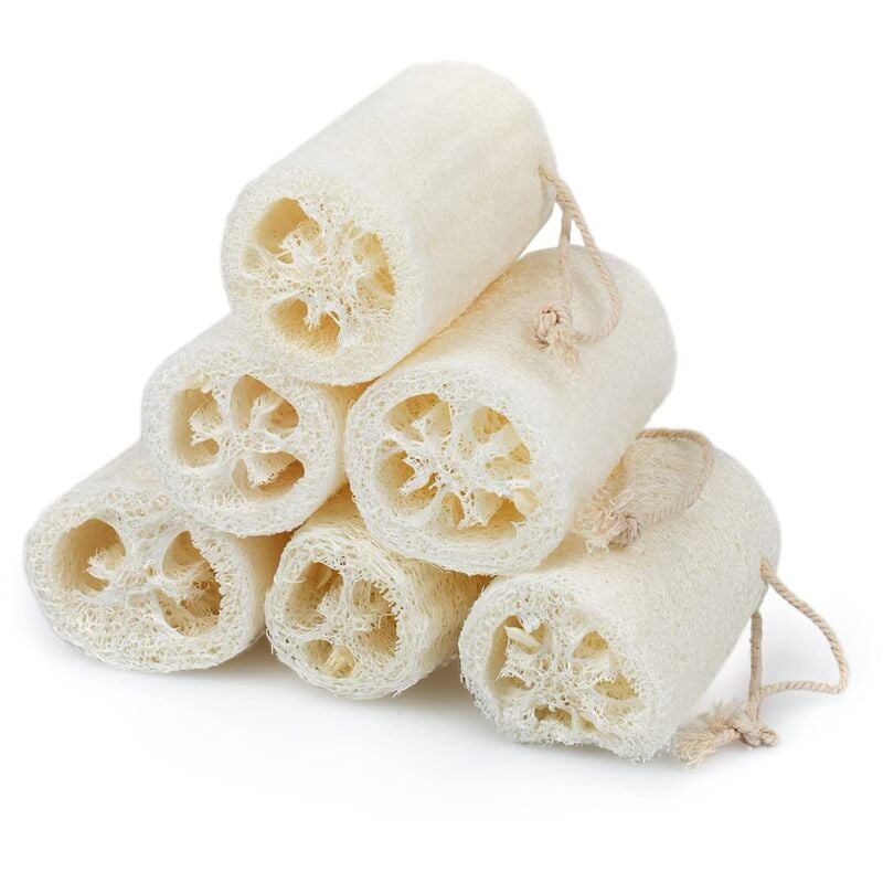 foto del prodotto panno, microfibra e spugna di luffa naturale. il melone duro lungo 10 cm e ha un diametro da 4 a 8 cm. bagno scrubber esfoliante luffa spugna con