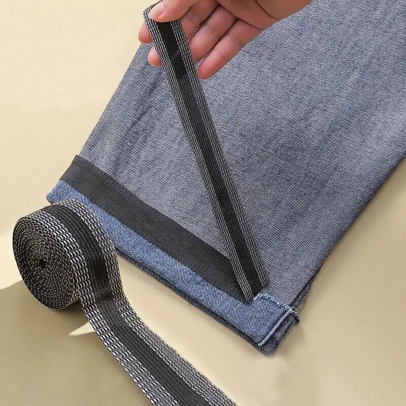 foto del prodotto pantaloni autoadesivi neri da 4 m, incollali con ferro da stiro, accorcia i bordi dei pantaloni, ripara i pantaloni per vestiti di jeans e pantaloni