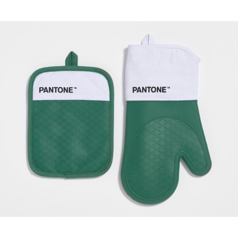 foto del prodotto pantone set da cucina composto da guanto da forno presina, in cotone con grip antiscivolo in silicone utili accessori cucina resistenti al