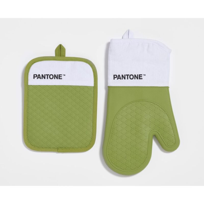 foto del prodotto pantone set da cucina con guanto da forno presina, in cotone con grip antiscivolo in silicone utili accessori cucina resistenti al calore fino
