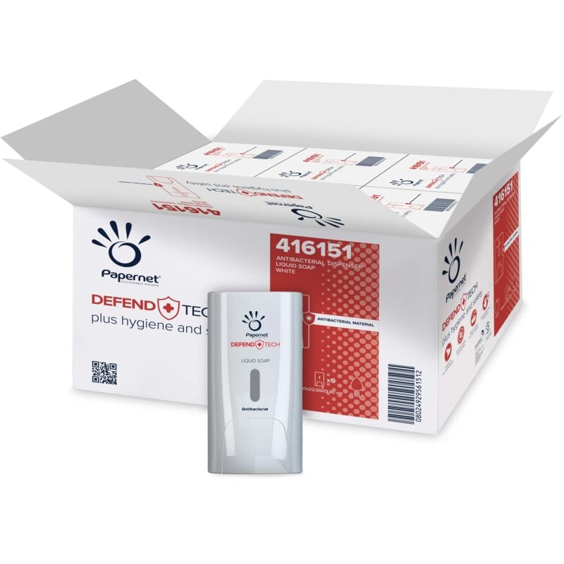 foto del prodotto papernet - defend tech - dispenser antibatterico per sapone 416151, in plastica reciclata e antibatterica, 6 pezzi per confezione, dimensioni 22x13,9x11,6cm, capacità 0,5 lt, colore bianco