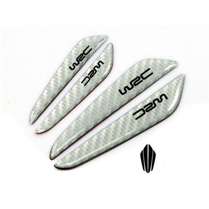 foto del prodotto paracolpi adesivo per portiera auto ad effetto carbonio con scritta wrc colore bianco