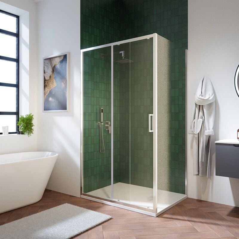 foto del prodotto parama box doccia 110x70 cm con apertura scorrevole e parete fissa profili in alluminio ultraslim vetro 6mm trasparente con trattamento easy clean