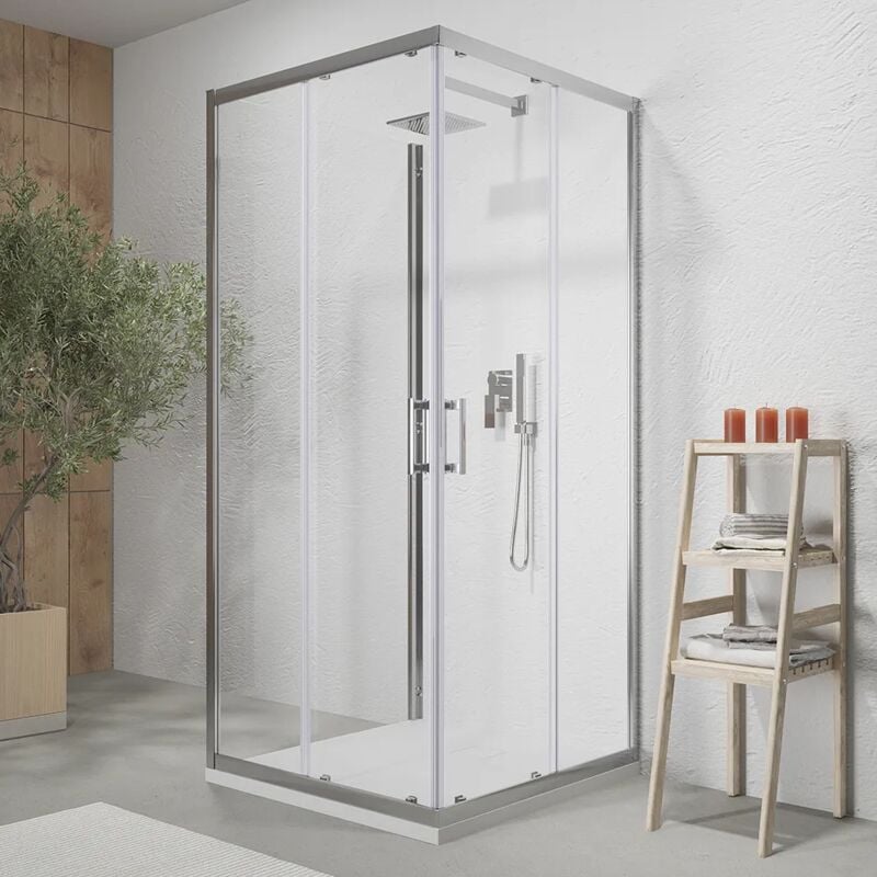 foto del prodotto parama box doccia 3 lati 70x70x70 cm con doppia anta scorrevole e parete fissa profili in alluminio cromato vetro trasparente 6 mm h190