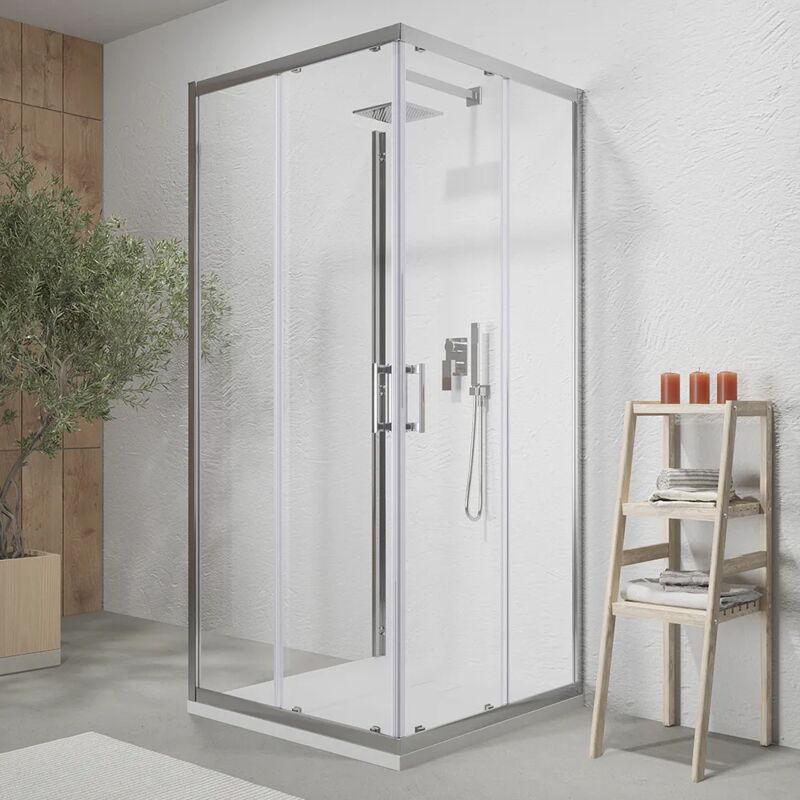 foto del prodotto parama box doccia 3 lati 70x90x70 cm con doppia anta scorrevole e parete fissa profili in alluminio cromato vetro trasparente 6 mm h190