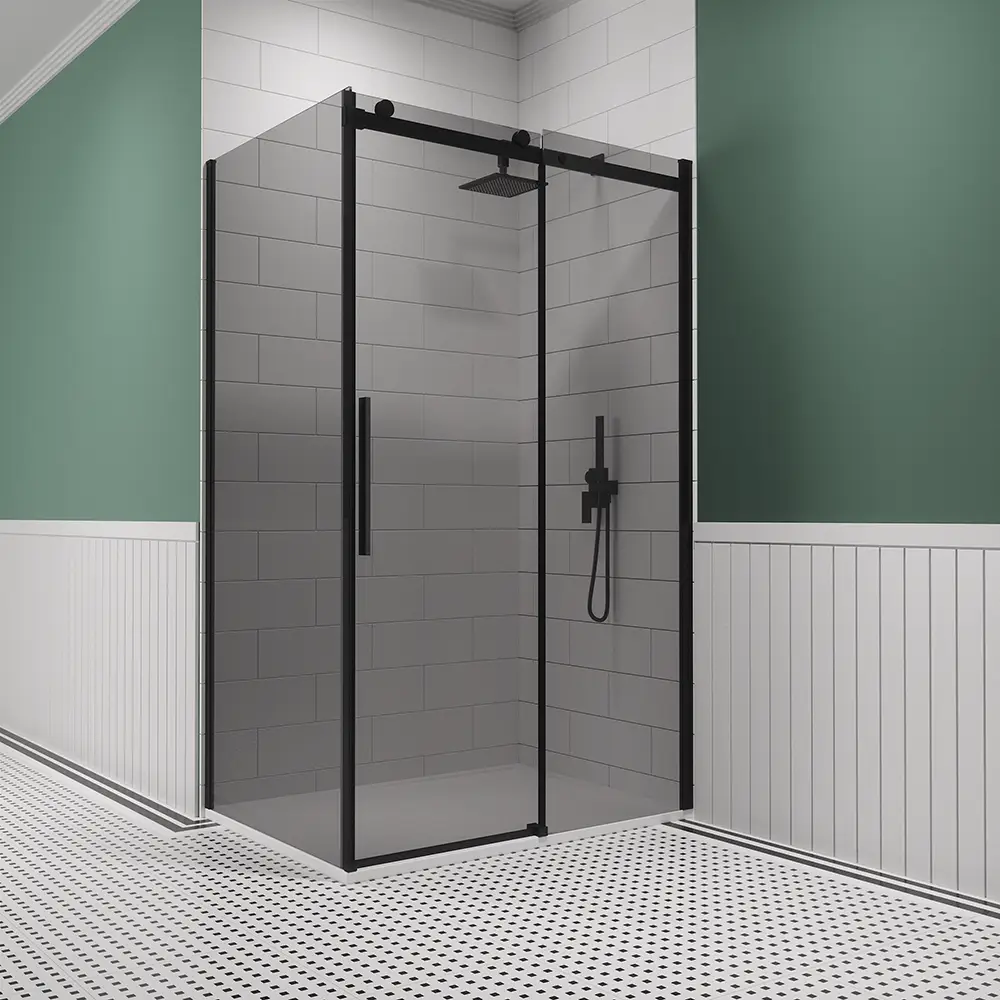 foto del prodotto parama box doccia 70x100 cm porta scorrevole e parete fissa profili in alluminio nero opaco vetro 8mm fum con trattamento easy clean reversibile
