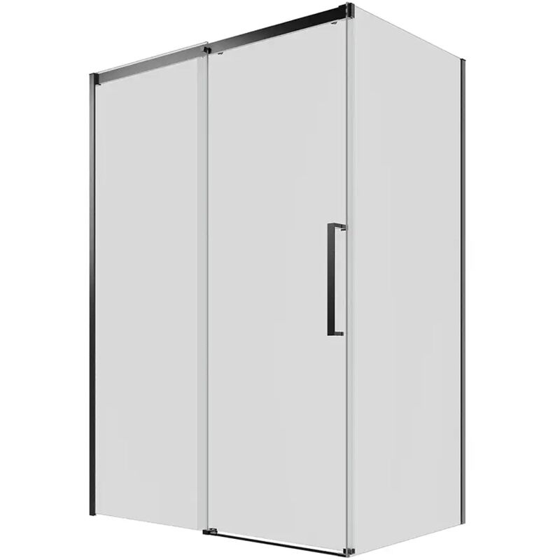 foto del prodotto parama box doccia 80x150 cm porta scorrevole con chiusura soft close e parete fissa profili in alluminio nero opaco vetro 8mm trasparente con