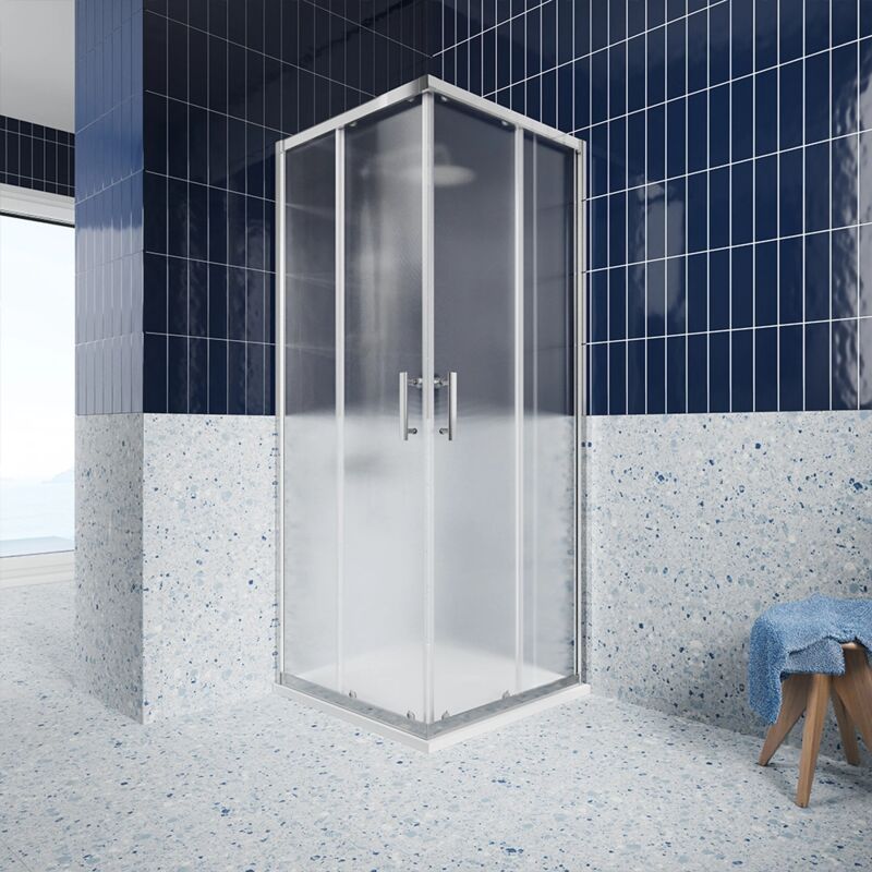 foto del prodotto parama box doccia angolare scorrevole 70x70 cm profili in alluminio cromato vetro 6mm stampato con trattamento anticalcare h190 reversibile mod.