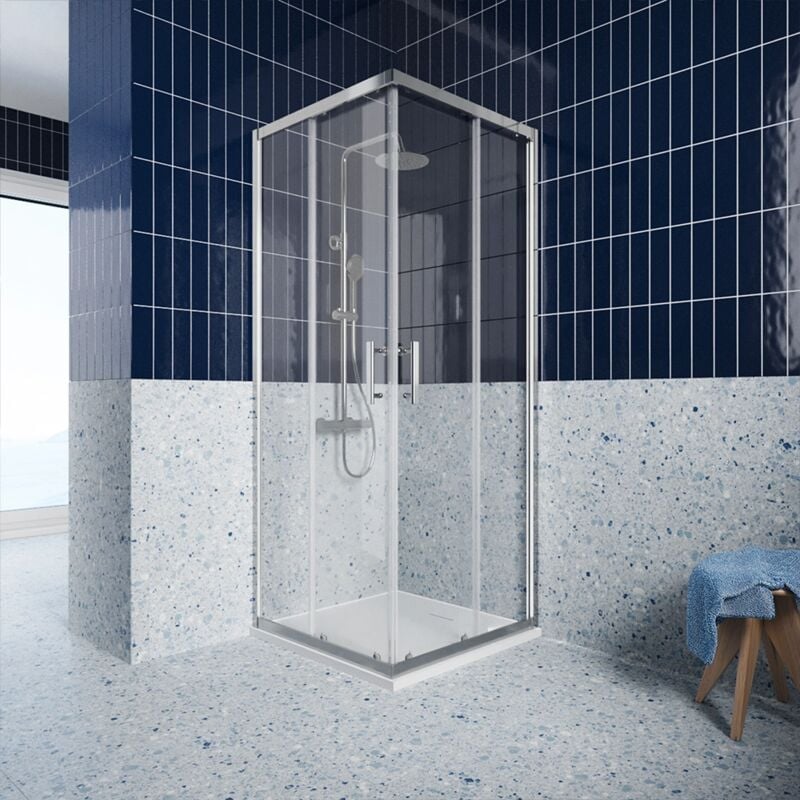foto del prodotto parama box doccia angolare scorrevole 80x80 cm profili in alluminio cromato vetro 6mm trasparente con trattamento anticalcare h190 reversibile