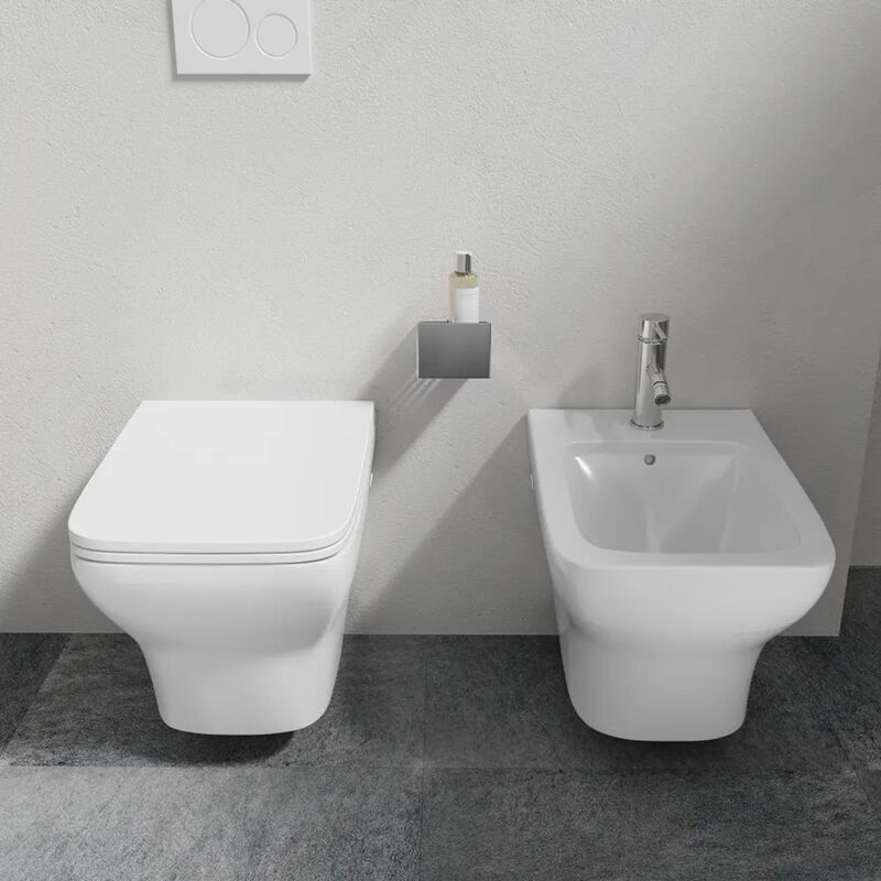 foto del prodotto parama coppia di sanitari sospesi rimless in ceramica bianca con vaso, bidet e copriwc soft close mod. havana