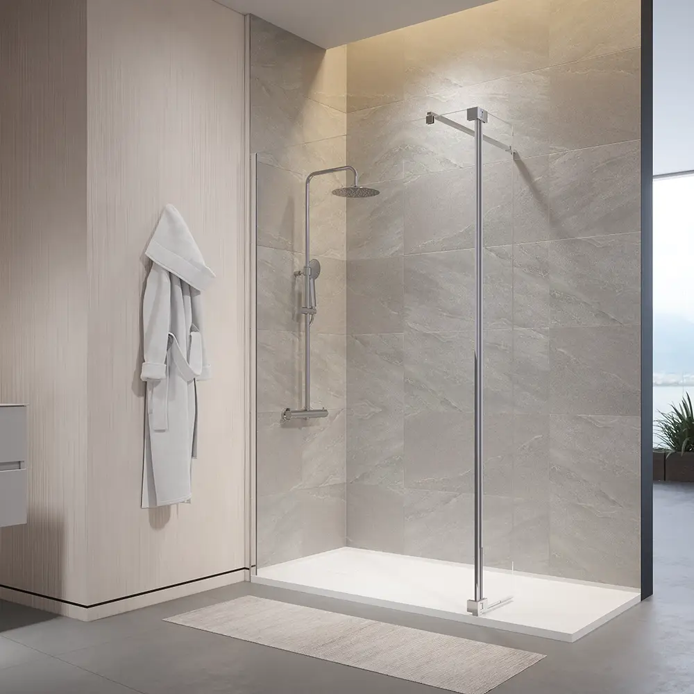 foto del prodotto parama doccia walk in 100cm anta girevole paraschizzi 30cm vetro 10mm trasparente con trattamento easy clean profili in alluminio cromati h200