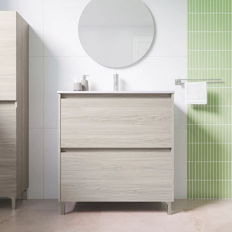 foto del prodotto parama mobile da bagno a terra 100 cm rovere grigio legno con due cassetti e lavabo incluso incluso mod. sila