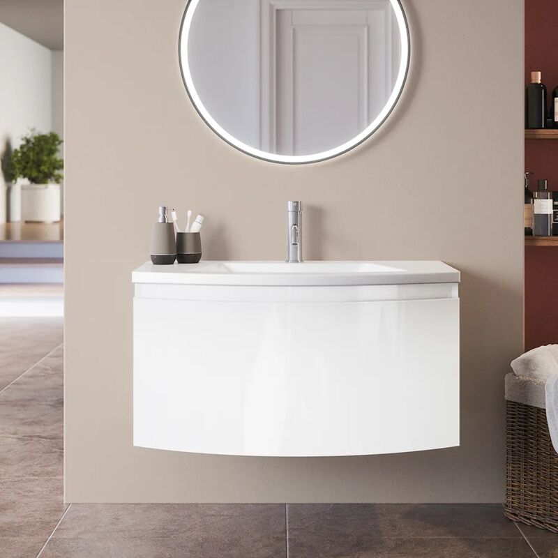 foto del prodotto parama mobile da bagno sospeso 100 cm bianco lucido con un cassetto e lavabo incluso in ceramica e frontale curvo mod. lula