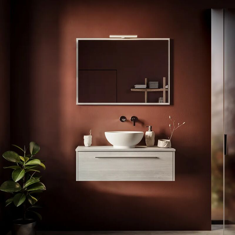 foto del prodotto parama mobile da bagno sospeso 100cm rovere cenere un cassetto soft close con top e specchio inclusi mod. aoki
