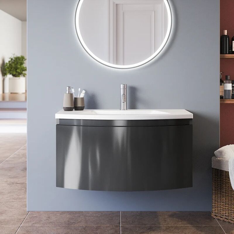 foto del prodotto parama mobile da bagno sospeso 60 cm grigio lucido con un cassetto e lavabo incluso in ceramica e frontale curvo mod. lula