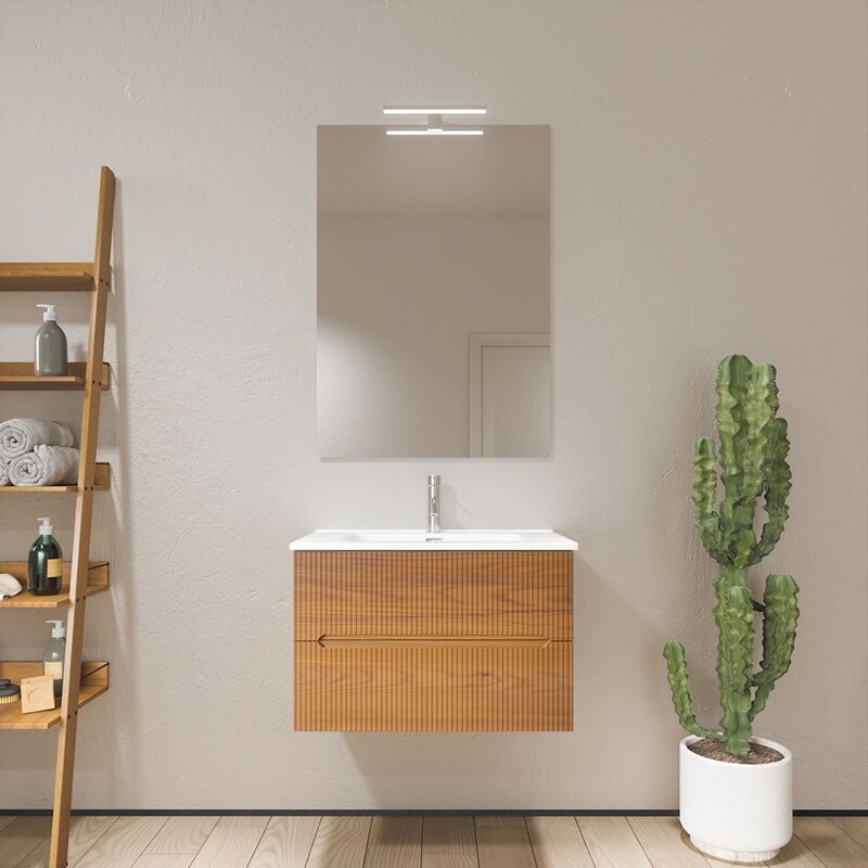 foto del prodotto parama mobile da bagno sospeso 70cm cannettato noce chiaro con lavabo incluso in ceramica e specchio mod. kaindy