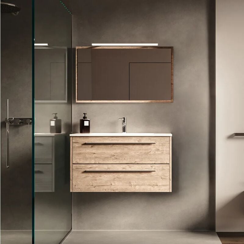 foto del prodotto parama mobile da bagno sospeso 90cm rovere naturale due cassetti soft close con lavabo incluso e specchio inclusi mod.aoki