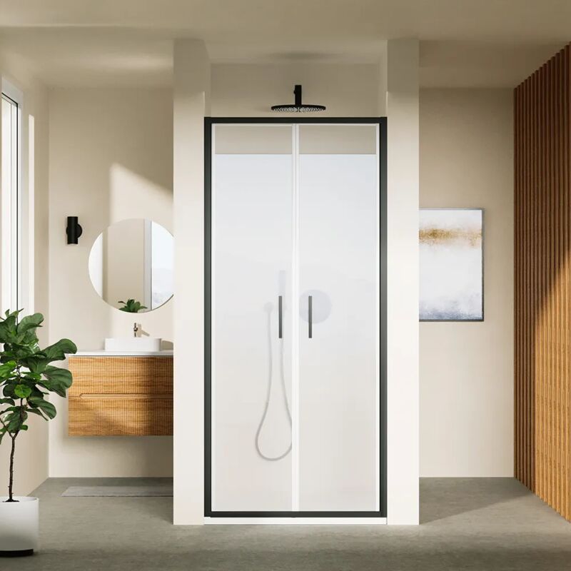 foto del prodotto parama porta doccia 70cm con apertura saloon profili slim in alluminio nero opaco opaco vetro 6mm trasparente h 190 reversibile mod. portofino