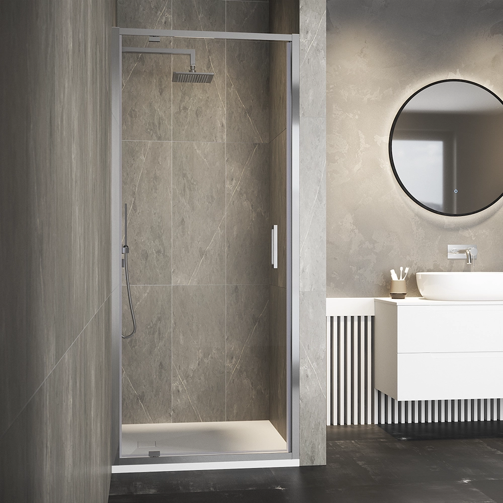 foto del prodotto parama porta doccia per nicchia 100cm apertura a battente profili in alluminio cromato vetro 6mm trasparente con trattamento easy clean h195