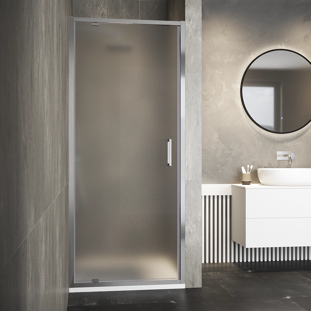 foto del prodotto parama porta doccia per nicchia 80cm apertura a battente profili in alluminio cromato vetro 6mm opaco con trattamento easy clean h195 reversibile