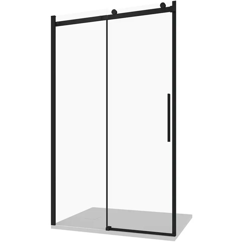 foto del prodotto parama porta doccia scorrevole per nicchia 140cm profili in alluminio nero opaco vetro 8mm trasparente h195 con trattamento easy clean