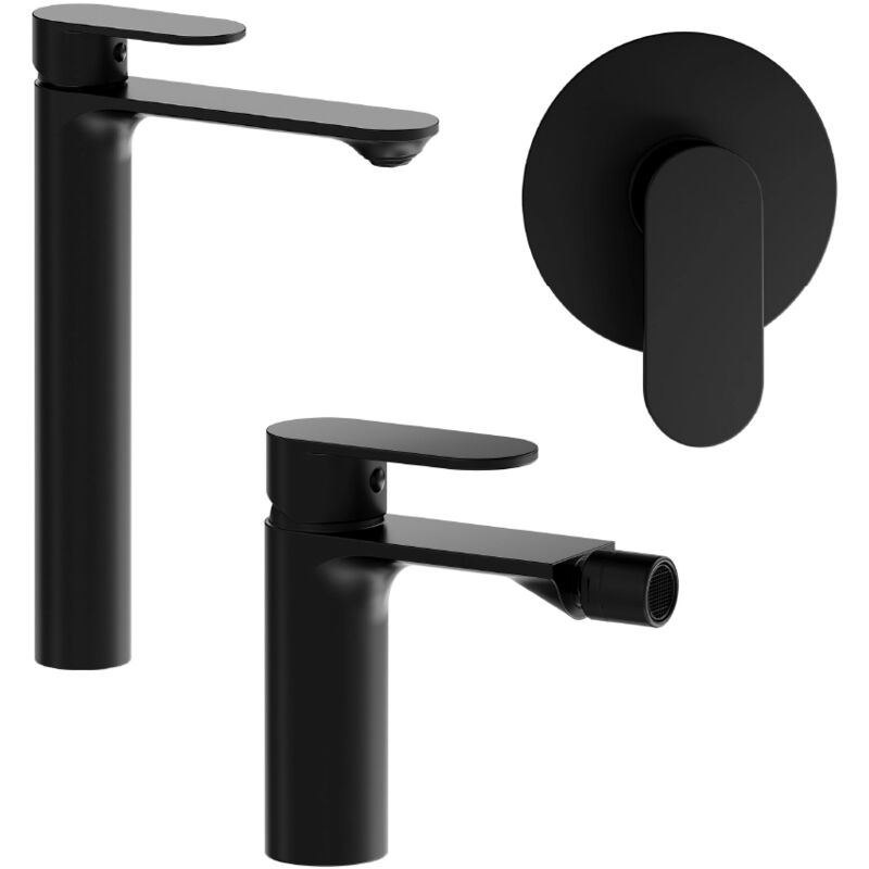 foto del prodotto parama set miscelatori con lavabo alto bidet senza scarico e incasso doccia monocomando in ottone nero opaco mod. kerry