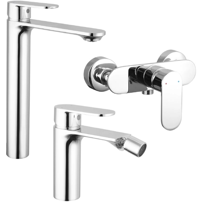 foto del prodotto parama set miscelatori con lavabo alto bidet senza scarico ed esterno doccia in ottone cromato mod. kerry