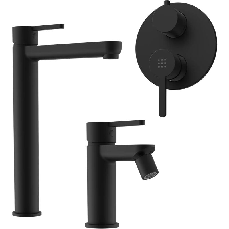 foto del prodotto parama set miscelatori con lavabo alto e bidet senza scarico ed incasso doccia con deviatore in ottone nero opaco mod. virna