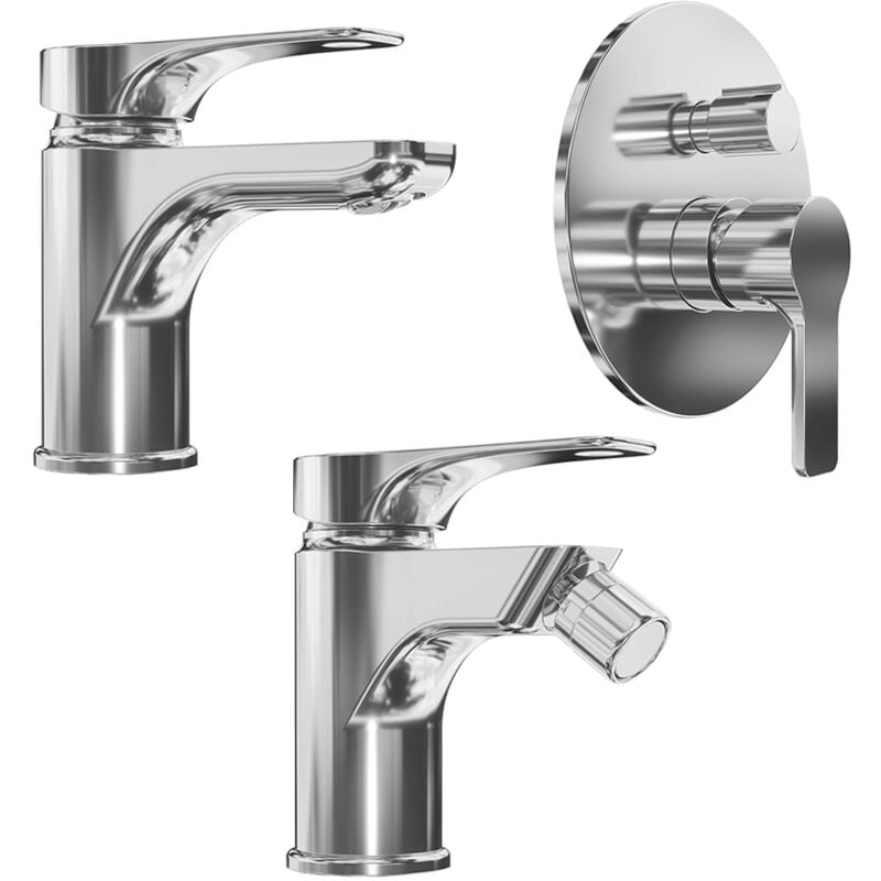 foto del prodotto parama set miscelatori con lavabo e bidet senza scarico ed incasso doccia con deviatore in ottone cromato mod. mia