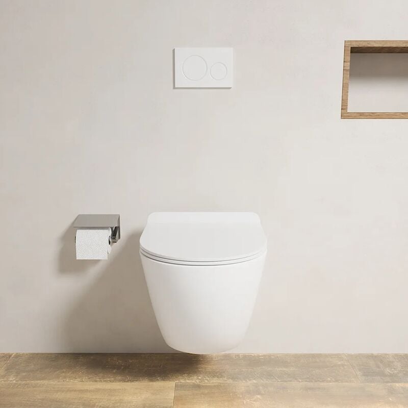 foto del prodotto parama vaso wc sospeso in ceramica bianco opaco rimless salvaspazio con sedile soft close mod. parigi