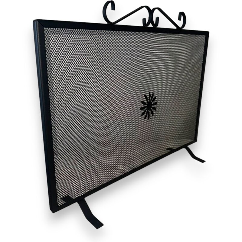 foto del prodotto parascintille camino rettangolare ferro battuto nero con decoro dimensioni 70x50 cm protezione scintille elegante