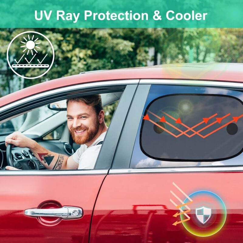 foto del prodotto parasole per auto per bambini, parasole per finestrino auto per bambini, rete di protezione solare per auto, protezione uv calore, borsa per il