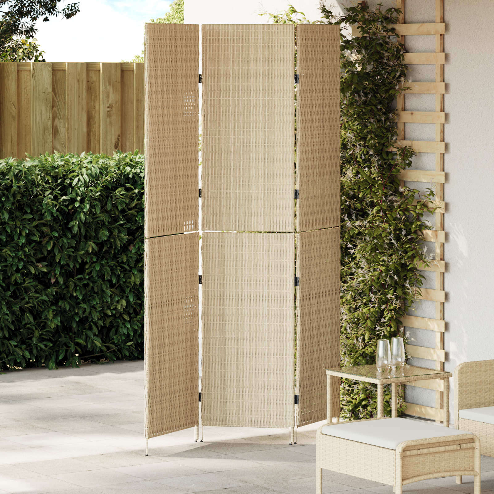 foto del prodotto paravento 3 pannelli pieghevole beige 147x180 cm in polyrattan