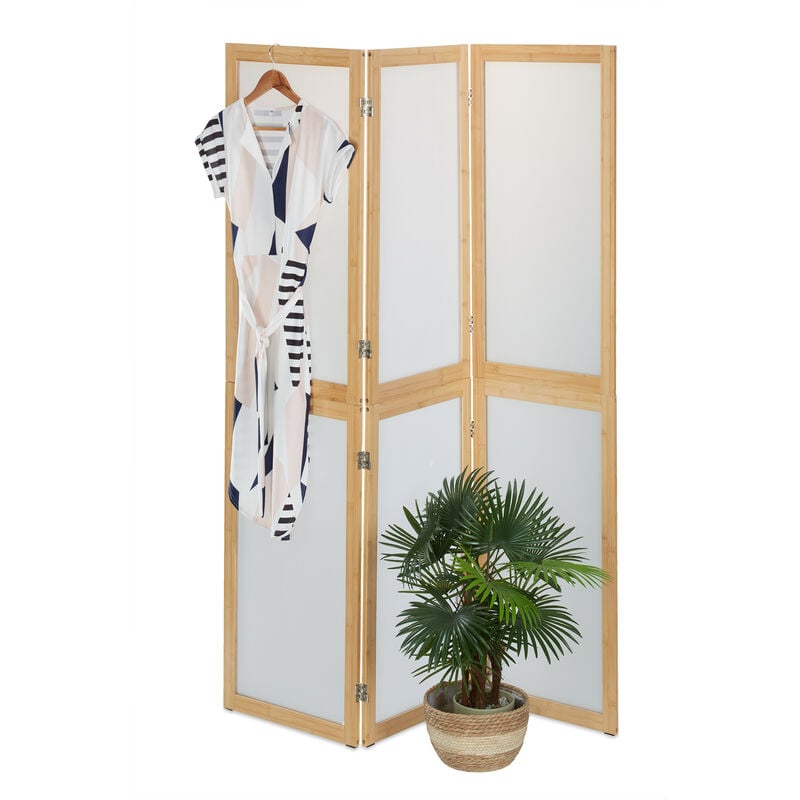 foto del prodotto paravento a 3 pannelli, 180x136,5 cm, divisore bamb e plastica, separ ambienti interni, naturale bianco relaxdays