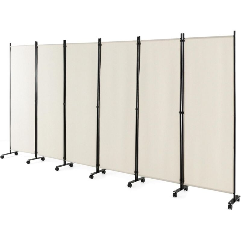 foto del prodotto paravento con ruote, da interno esterno, in metallo, piedini stabili, separ divisorio, per soggiorno, camera da letto, ufficio 6 pannelli, beige 