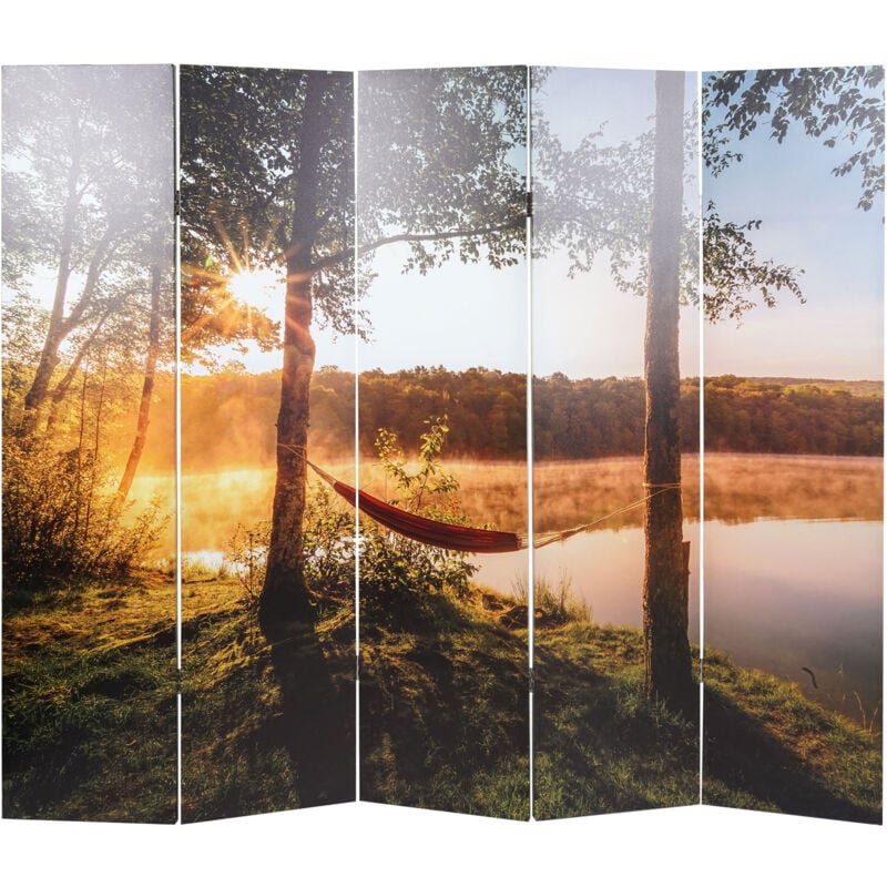 foto del prodotto paravento divisore doppia immagine fonoassorbente hhg 288 mdf 5 pannelli 204x180cm lago foresta