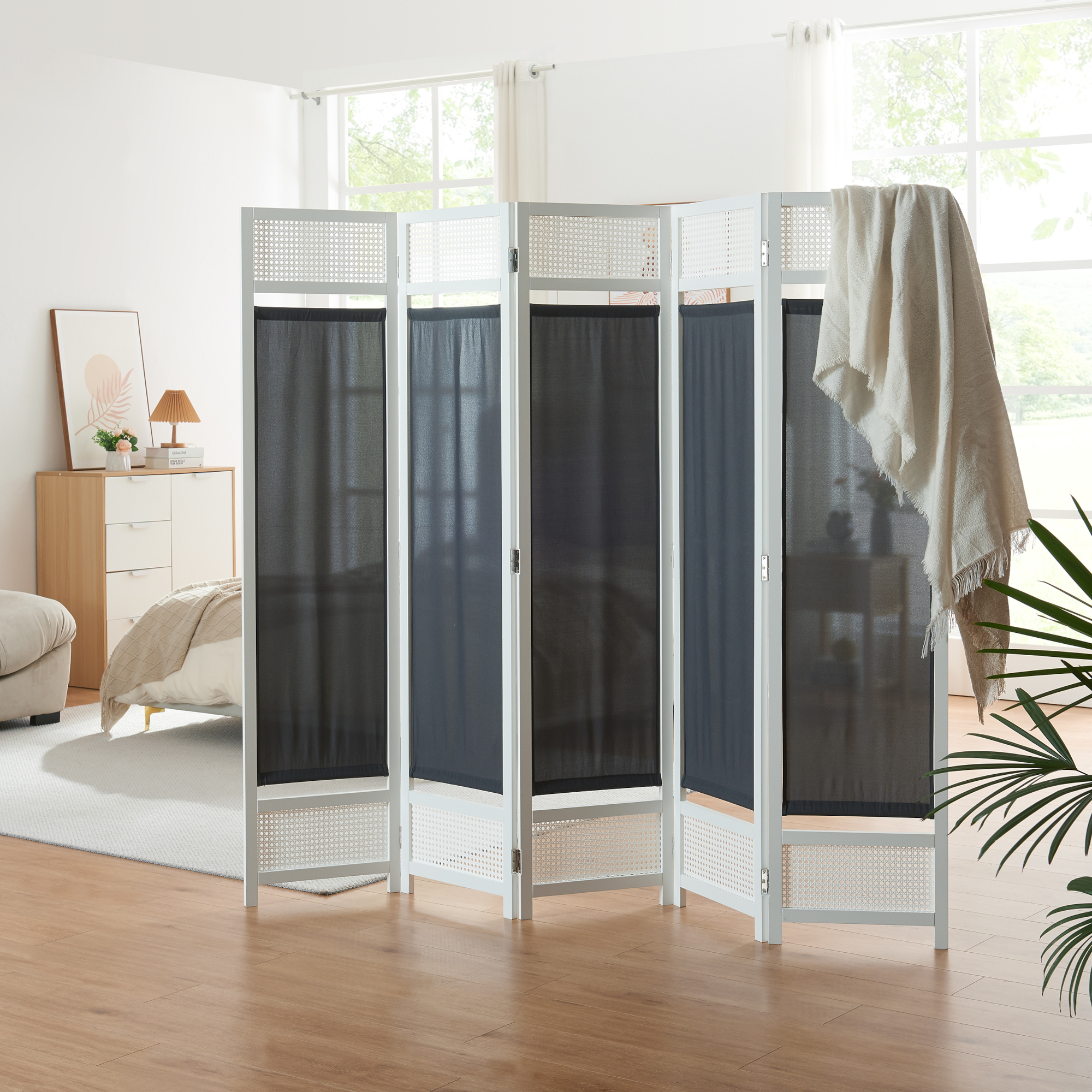 foto del prodotto paravento pieghevole dorotea per interni separ a 5 pannelli 200 x 170 cm bianco grigio scuro en.casa 