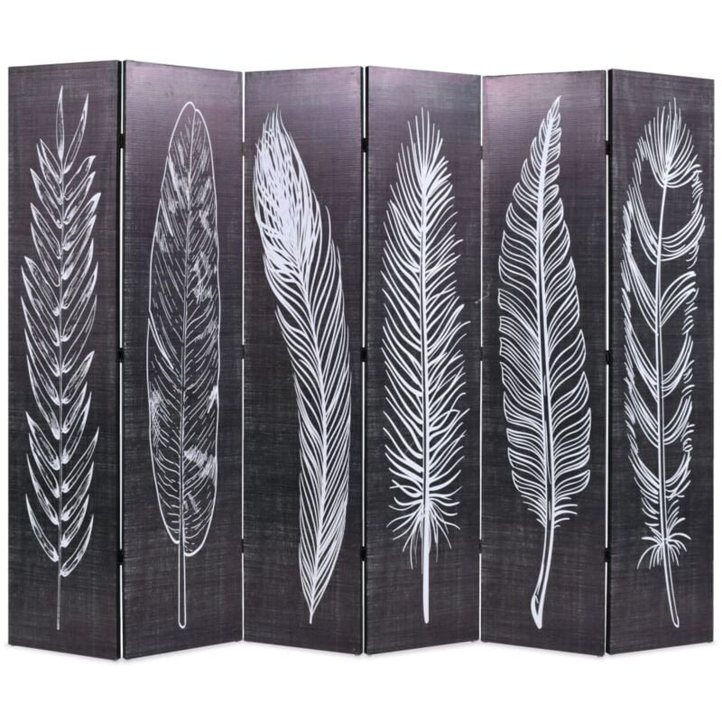 foto del prodotto paravento pieghevole in legno stampa piume bianco e nero vari dimensioni dimensioni 228 x 170 cm