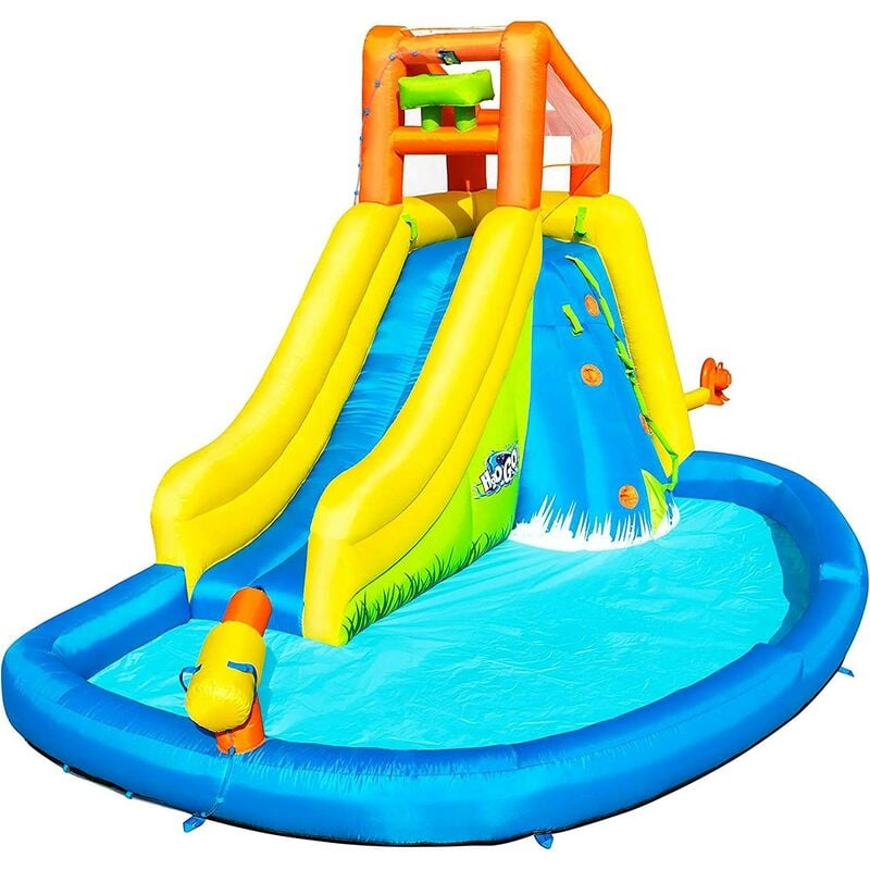 foto del prodotto parco acquatico mega mount,cm. 435x286x267,con scivolo spruzzi vari piscinetta, cannone spara acqua,con motore incluso bestway
