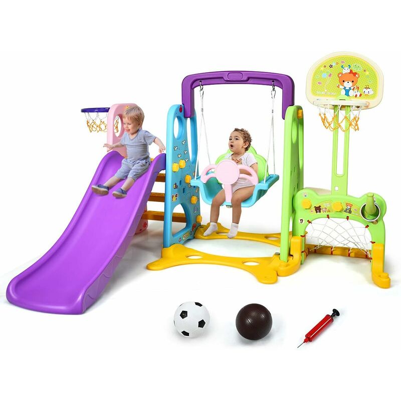 foto del prodotto parco giochi 6 in 1 multi giochi da giardino, con altalena e scivolo, pallacanestro e porta da calcio, per bambini