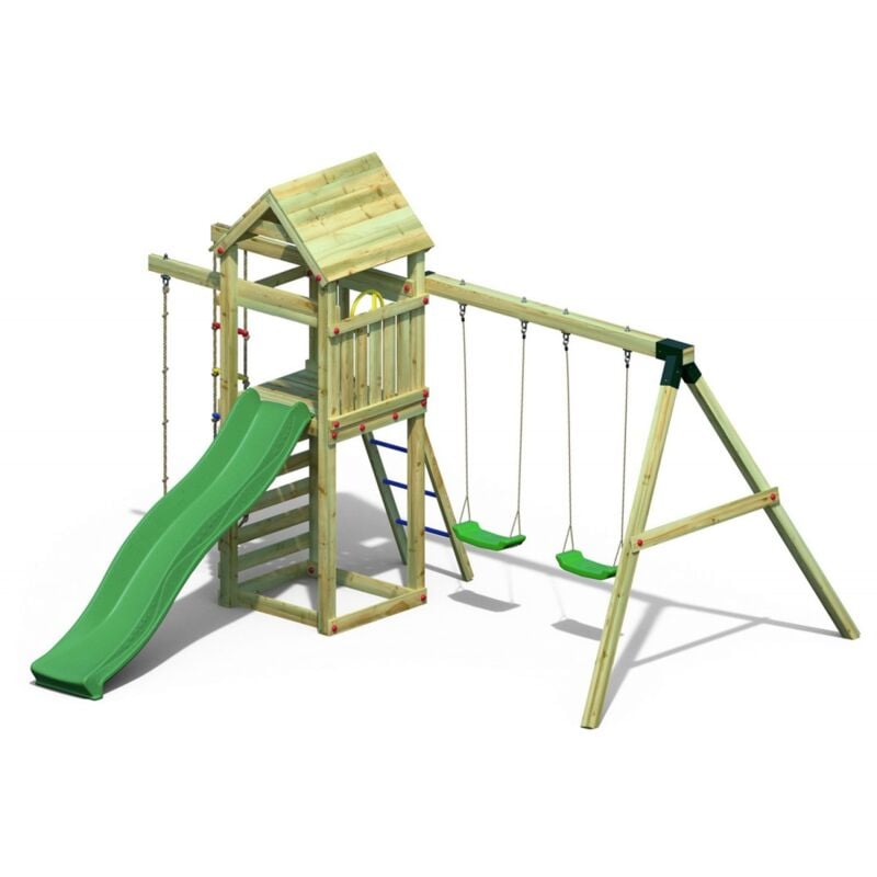 foto del prodotto parco giochi bimbi da giardino in legno torretta altalena scivolo corda