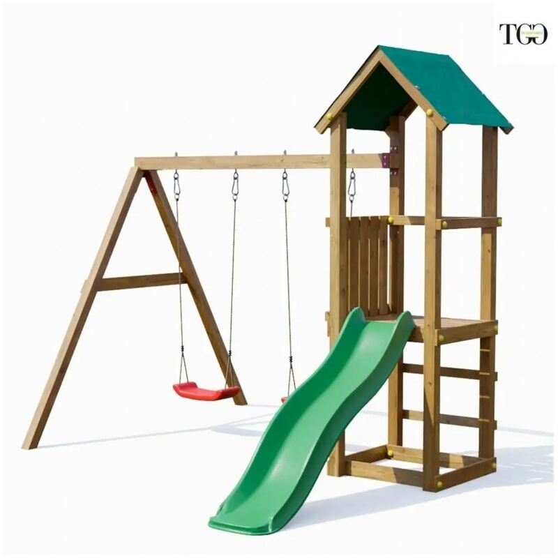 foto del prodotto parco giochi in legno con 2 altalene scivolo e sabbiera 310x275x245cm