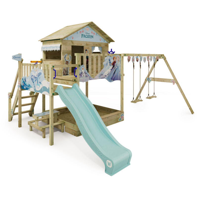 foto del prodotto parco giochi in legno disney saga giochi da giardino con altalena e scivolo casa su palafitte da esterno con sabbiera e scala di risalita per bambini
